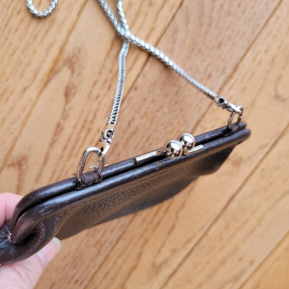 Brighton Brown Coin Purse Kiss Lock Leather Flower Appliqué Chain Strap - Picture 4 of 12